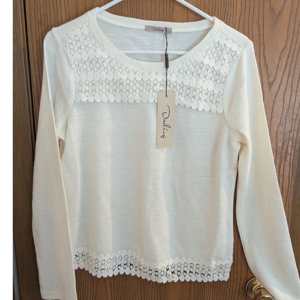 NWT Knit Crochet Lace Long Sleeve Sweater Cream Knit Cottagecore Boho Preppy M